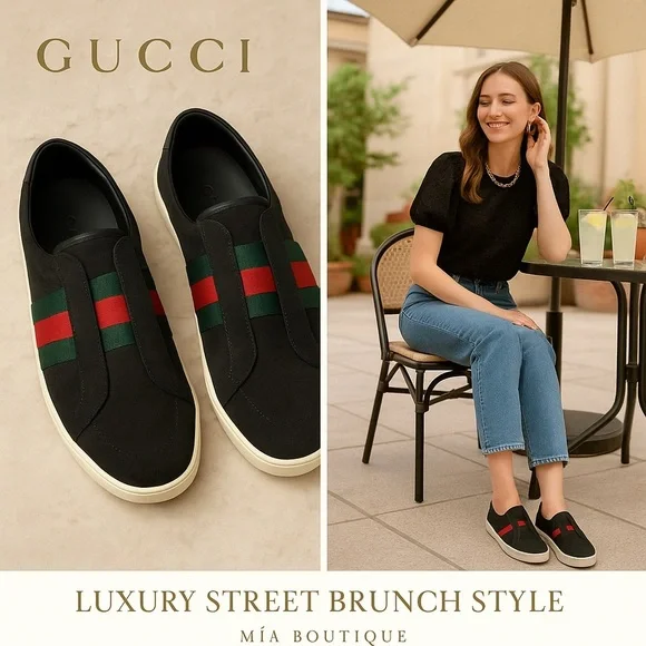 Gucci Black Suede Web Stripe Slip-On Sneakers Size 7.5 - Picture 15 of 15